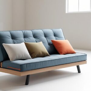 Futón Moderno Azul con Base de Madera y Cojines Decorativos