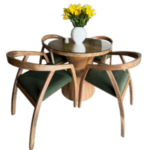COM-MESA-MAD-VIDRIO-003 Juego de Comedor Moderno de Madera con Base Redonda y Vidrio